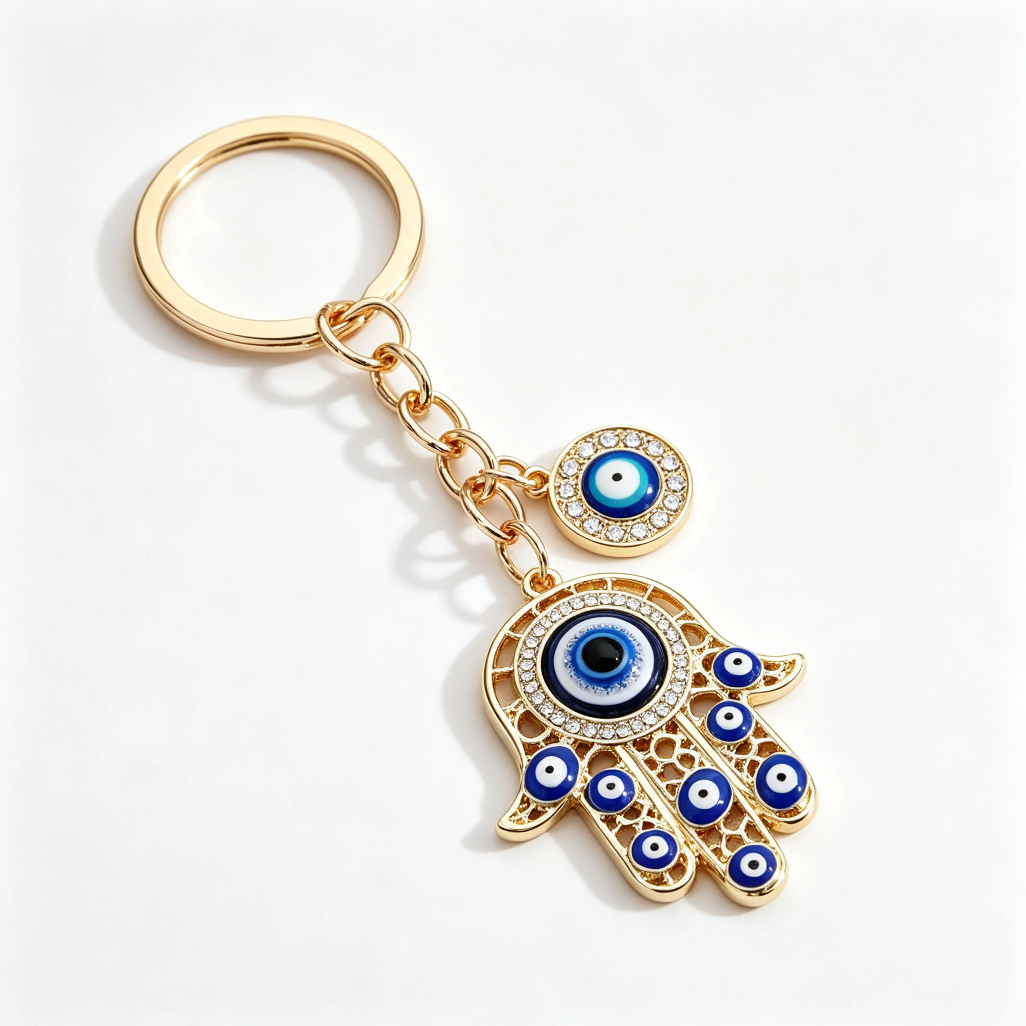 Strass-Schlüsselanhänger mit türkischem Bösem Auge und Hamsa-Hand, Glücksbringer Fatima-Hand aus Legierung, Taschen- und Autoanhänger, Amulett, Schmuckgeschenk für Damen und Herren – Detail 1