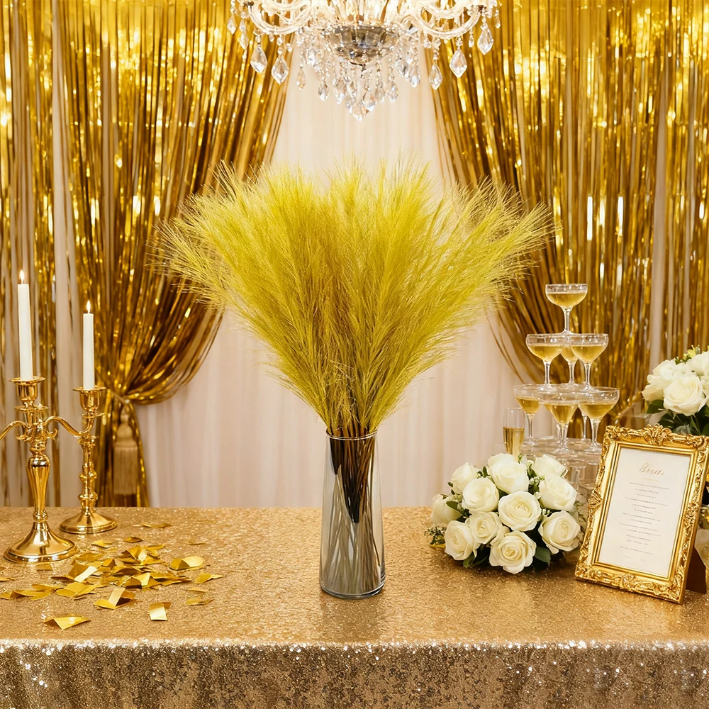 Glitzernde goldene Pampasgras-Kunstblumen, 5/10/20 Stück, künstliche Pampassträuße für goldene Hochzeit, Party, Weihnachten, Heimdekoration – Detail 5