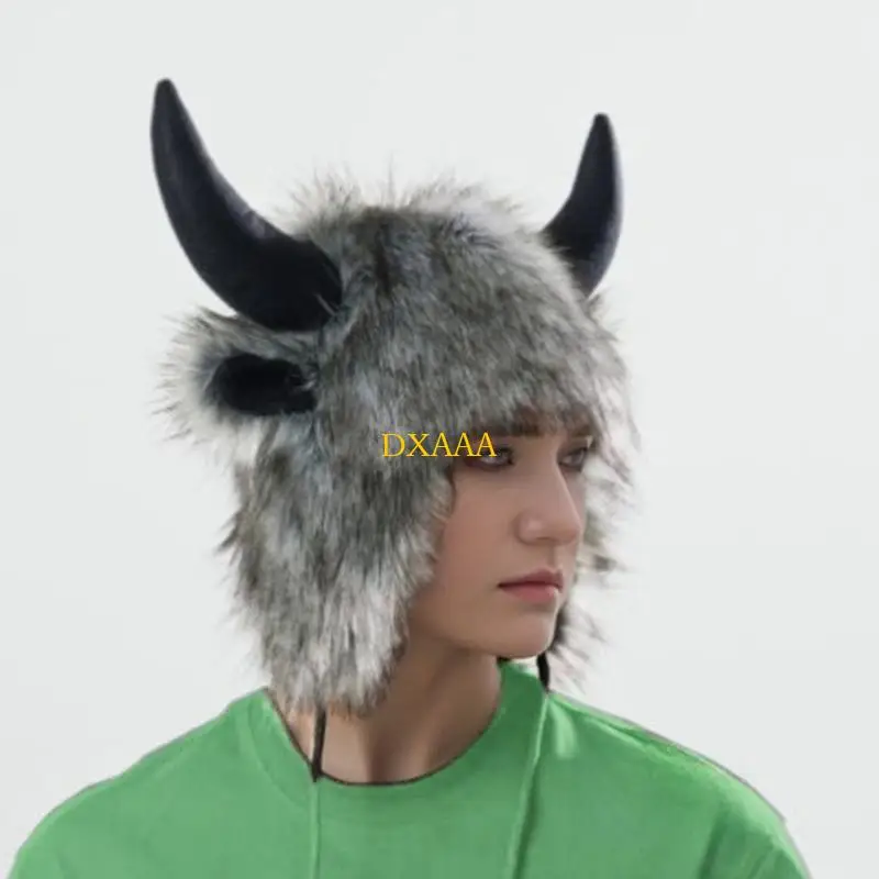 DXAA – chapeau Costume d'animal, couvre-oreilles en corne taureau, casquette Costume en peluche douce pour adultes,