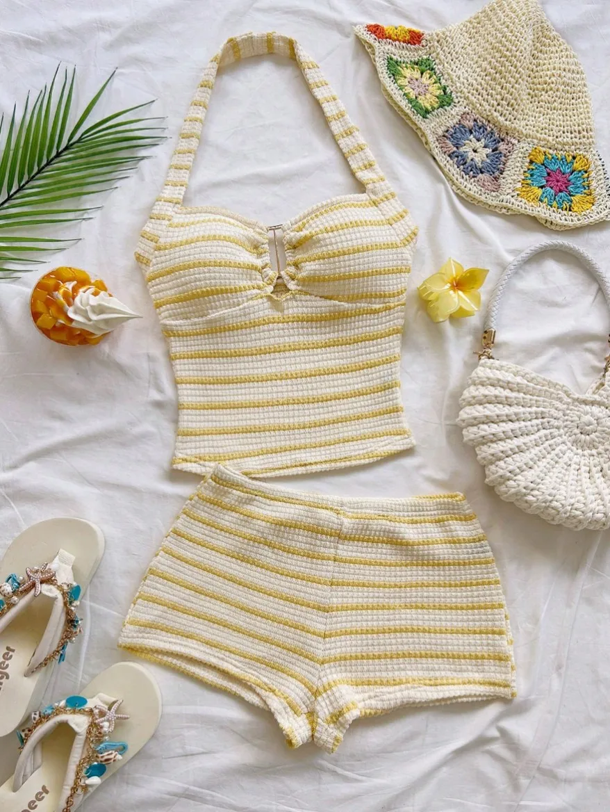 

Summer Yellow Striped Halter-Neck Waffle Set - Sexy Beachwear for Vacation