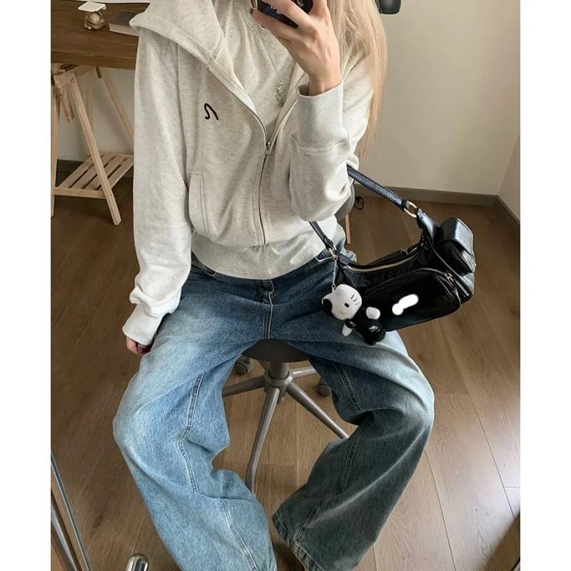 Grey Jacket Sweatshirt Women Vintage Hooded Coat Long Sleeve Streetwear Fashion Casual Y2K Style Winter 2023 Female Plush Tops