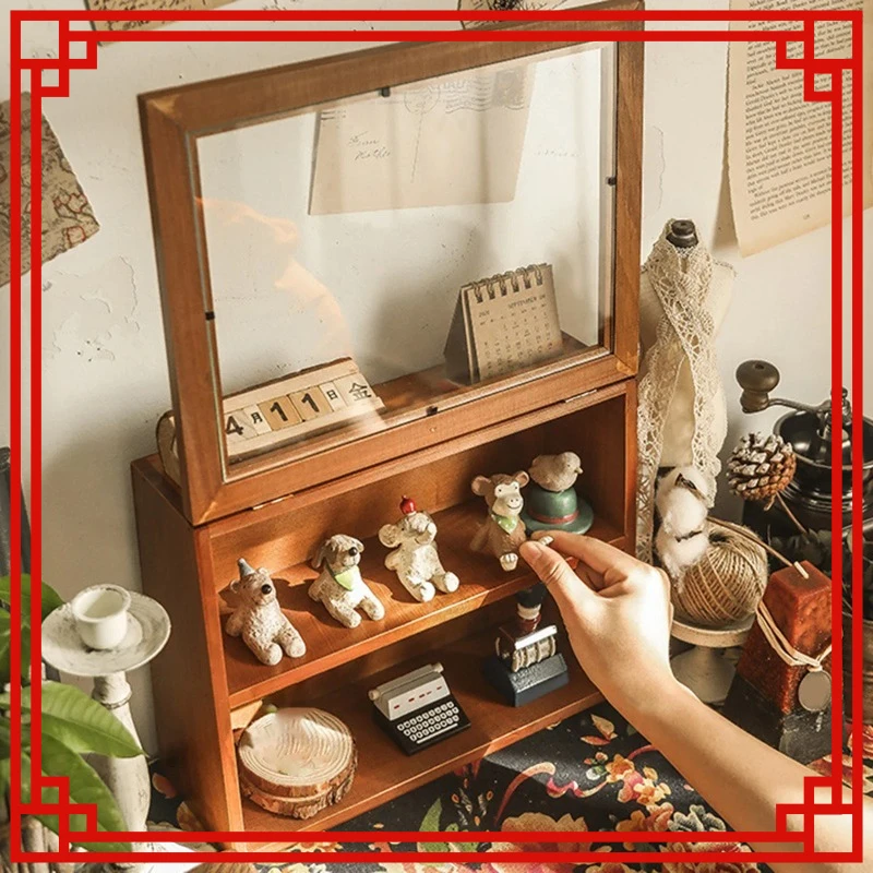 

Wooden Desktop Storage Cabinet Multipurpose with Door Display Box Rack Shelf for Sundries Toys Action Figures Dorm Guest Room