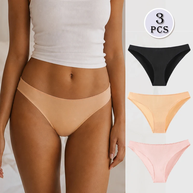 BANNIROU 3Pcs Women's Cotton Panties Briefs Solid Low-Rise Female Panties Ladies Intimates Underwear