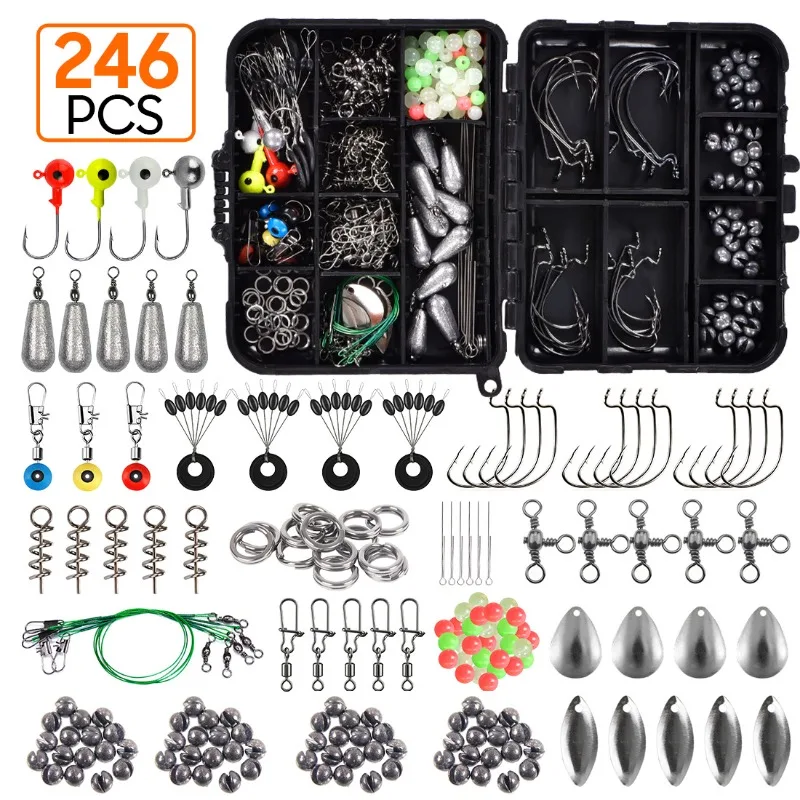 246PCS fishing accessories set fixture hook sinker rotating bead fish end point tackle, fishing gear salt water fishing set