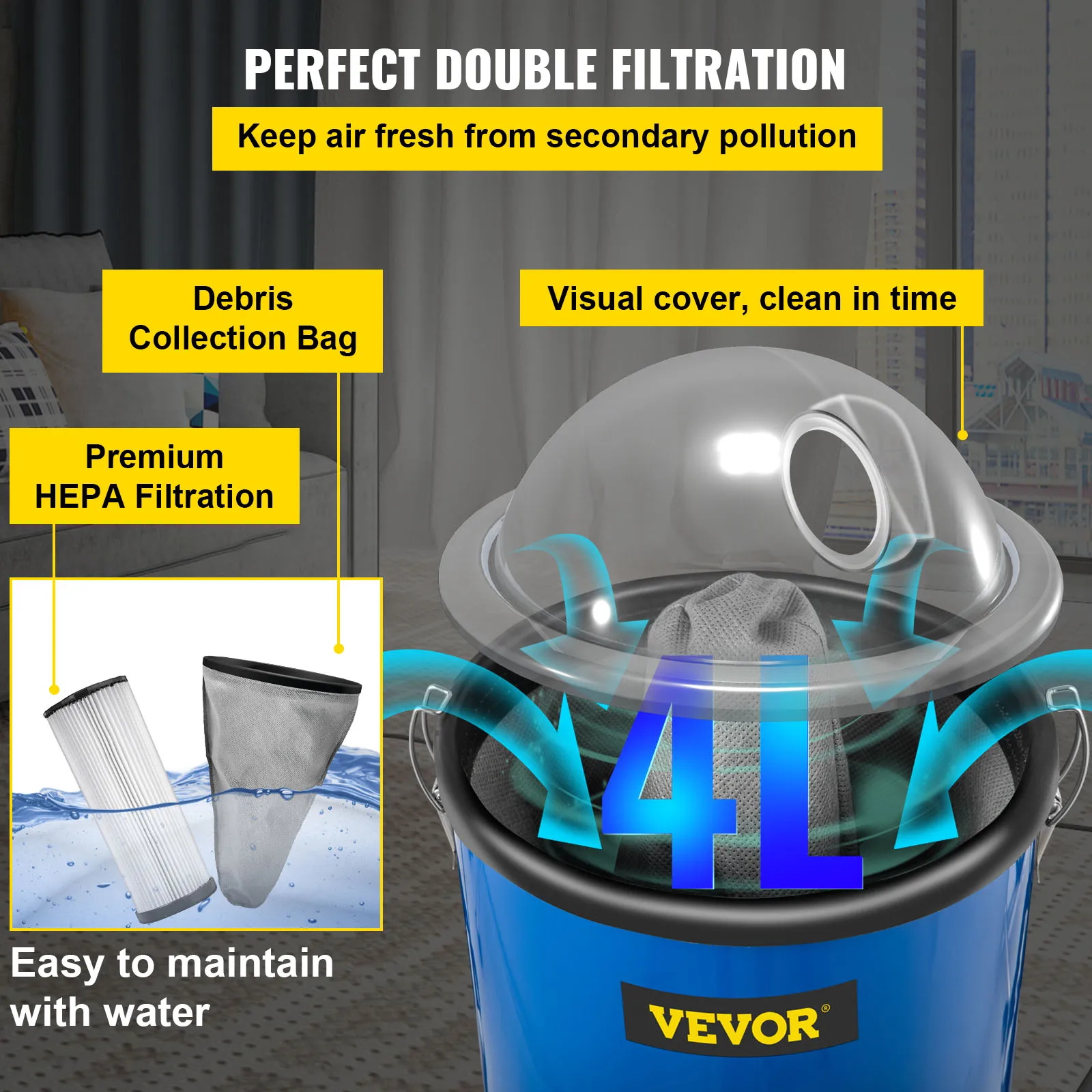 VEVOR Home Vacuum Cleaner 4L Commercial Industrial 5 in 1 Lightweight Backpack Vacuum W/ HEPA Filter For Sofa Car Washing Office