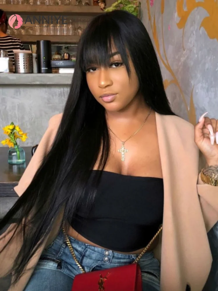 

Straight Human Hair Wigs with Bangs Full Machine Made Wig 180% Density Brazilian Bangs Wigs For Women Natural Black Wigs ANNIYE