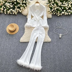 Office Work Lady Women's Feathers Two Piece Pants Set Buttoned Fur Suit Jacket+high Waist Micro Flared Casual Micro Flared Pants