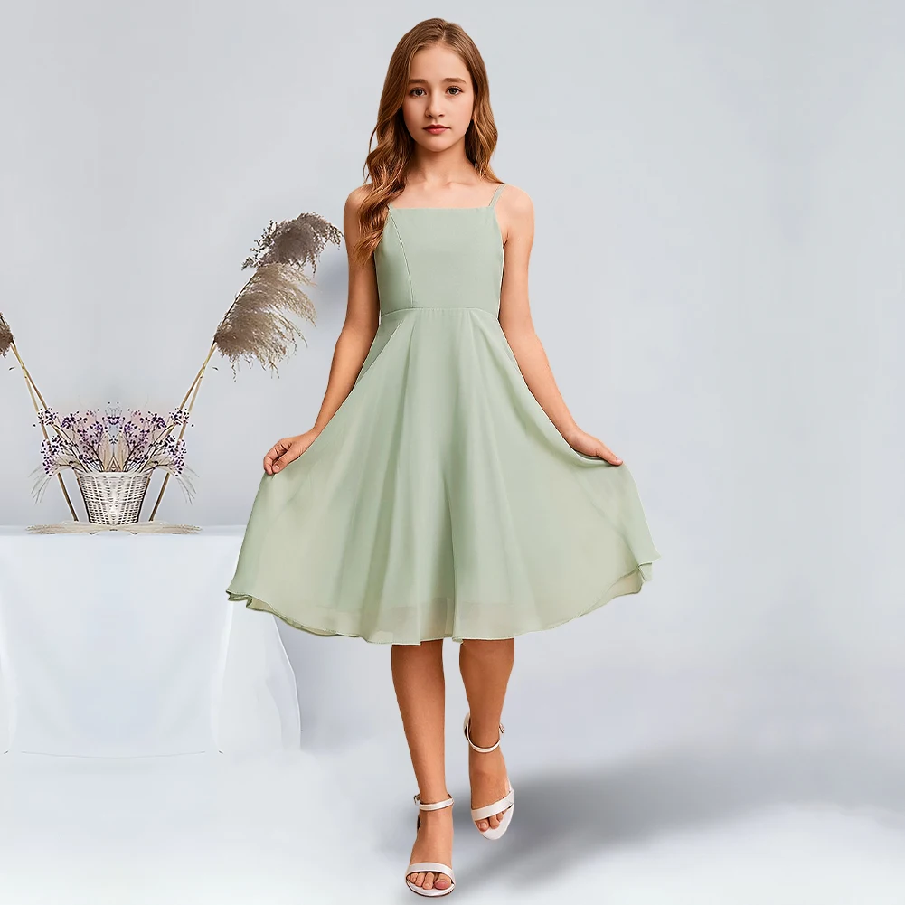 Charming A-Line Square Knee-Length Chiffon Junior Bridesmaid Dresses Elegant Celadon Flower Girl Gowns for Kids Wedding Party