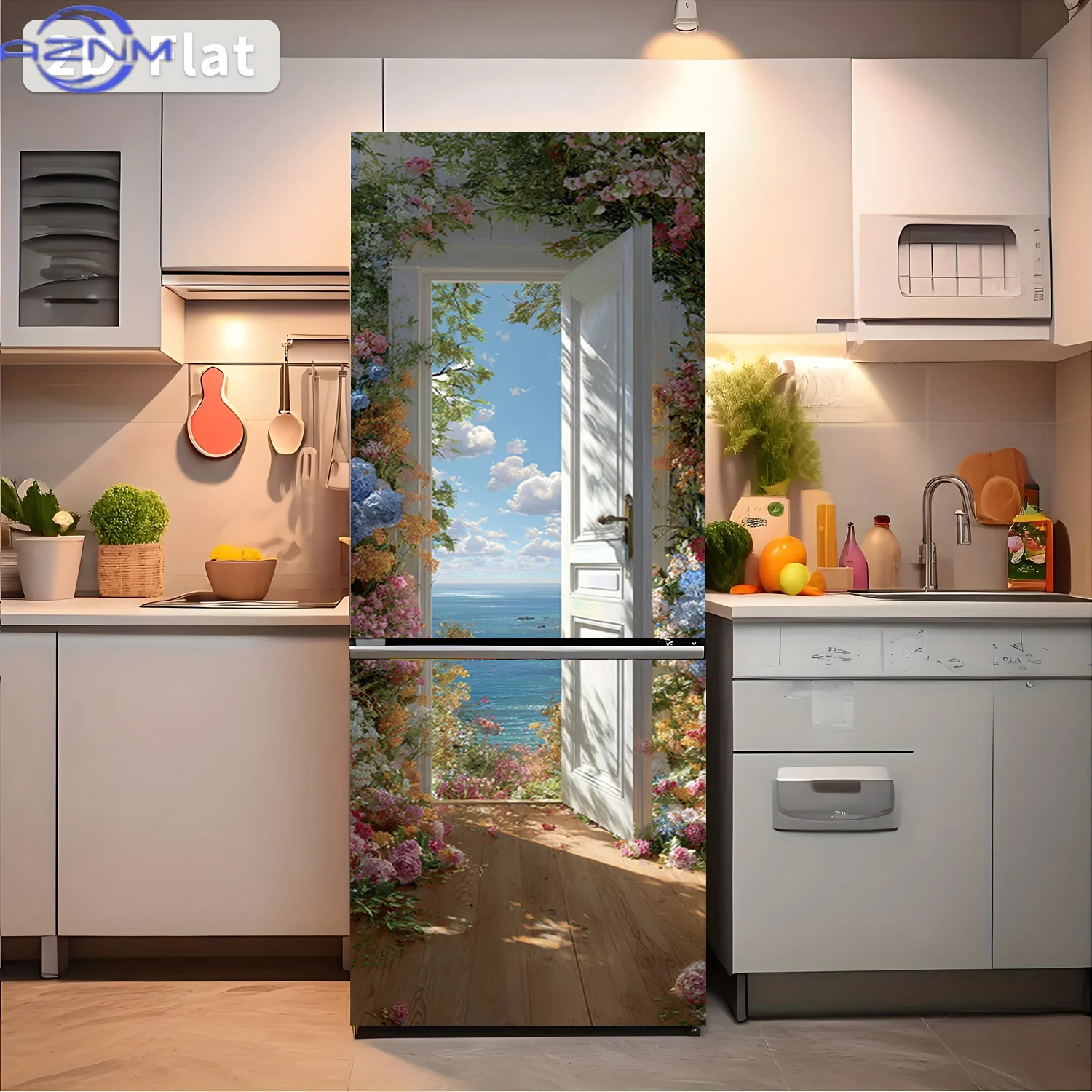 2D Flat Printing 1pc Refrigerator Sticker  Flower Sea Gateway Theme Design Wall Decal Self-Adhesive Wallpaper Suitable for Cab