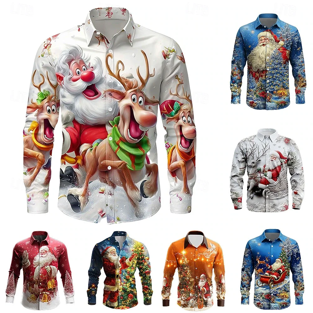 nMen's holiday Christmas shirt, Santa Claus reindeer snowflake art printed top, multiple colors, casual and comfortable shirt