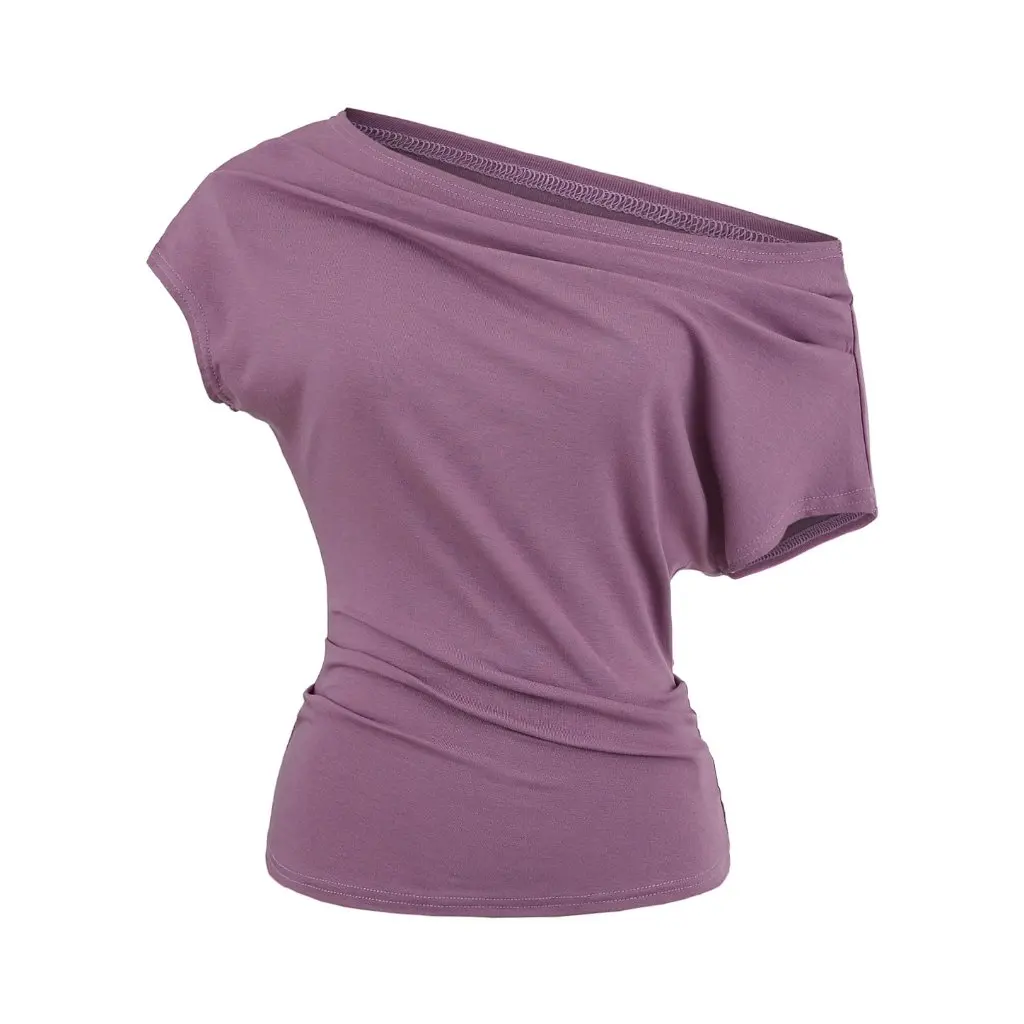 

Korean Women's Asymmetrical Off-Shoulder Pleated T-Shirt Summer Style Sexy One-Line Collar Slim Elegant Top for Ladies