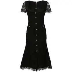 JAMERARY Brand Designer Summer Black Lace Evening Prom Dress Women Diamond Button Short Sleeve Midi Long Party Vestidos Quality