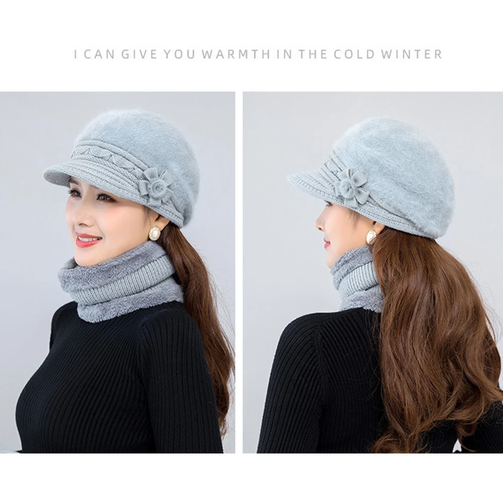 Women's Fashion Knitted Hat with Collar And Scarf Set Winter Warm Fleece Casual Flower Design Elegant Hat Accessories Gift