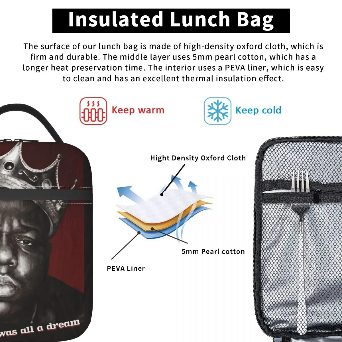 Vintage Notorious BIG Insulated Lunch Bag Biggiesmalls Food Container Reusable Thermal Cooler Lunch Boxes For School Office