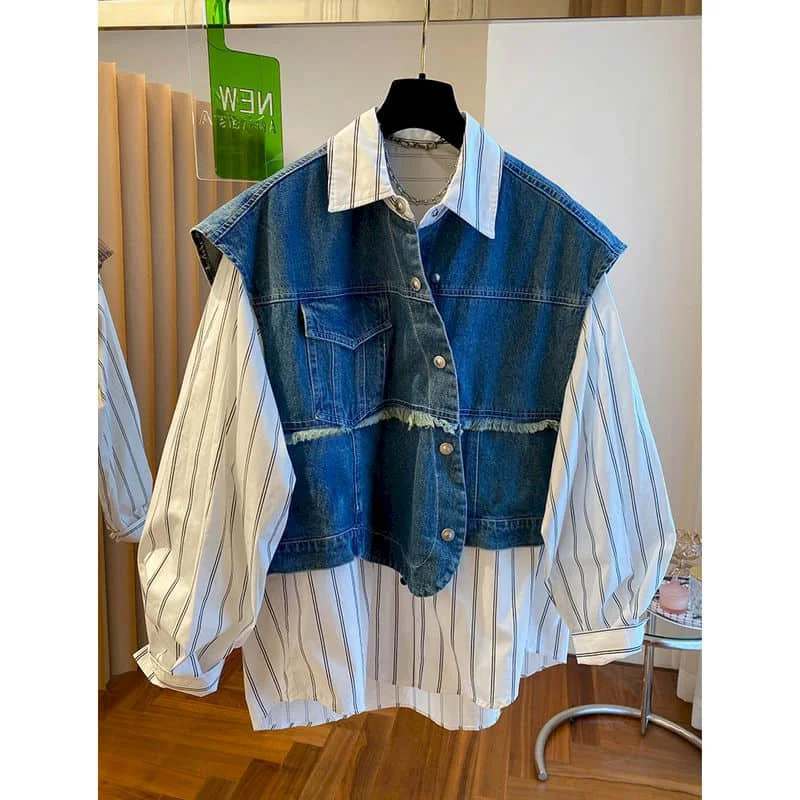 

Striped Shirts Women Polo-neck Korean Style Oversized Denim Patchwork Fake Two Pieces Long Sleeve Blouse Casual Loose Women Tops