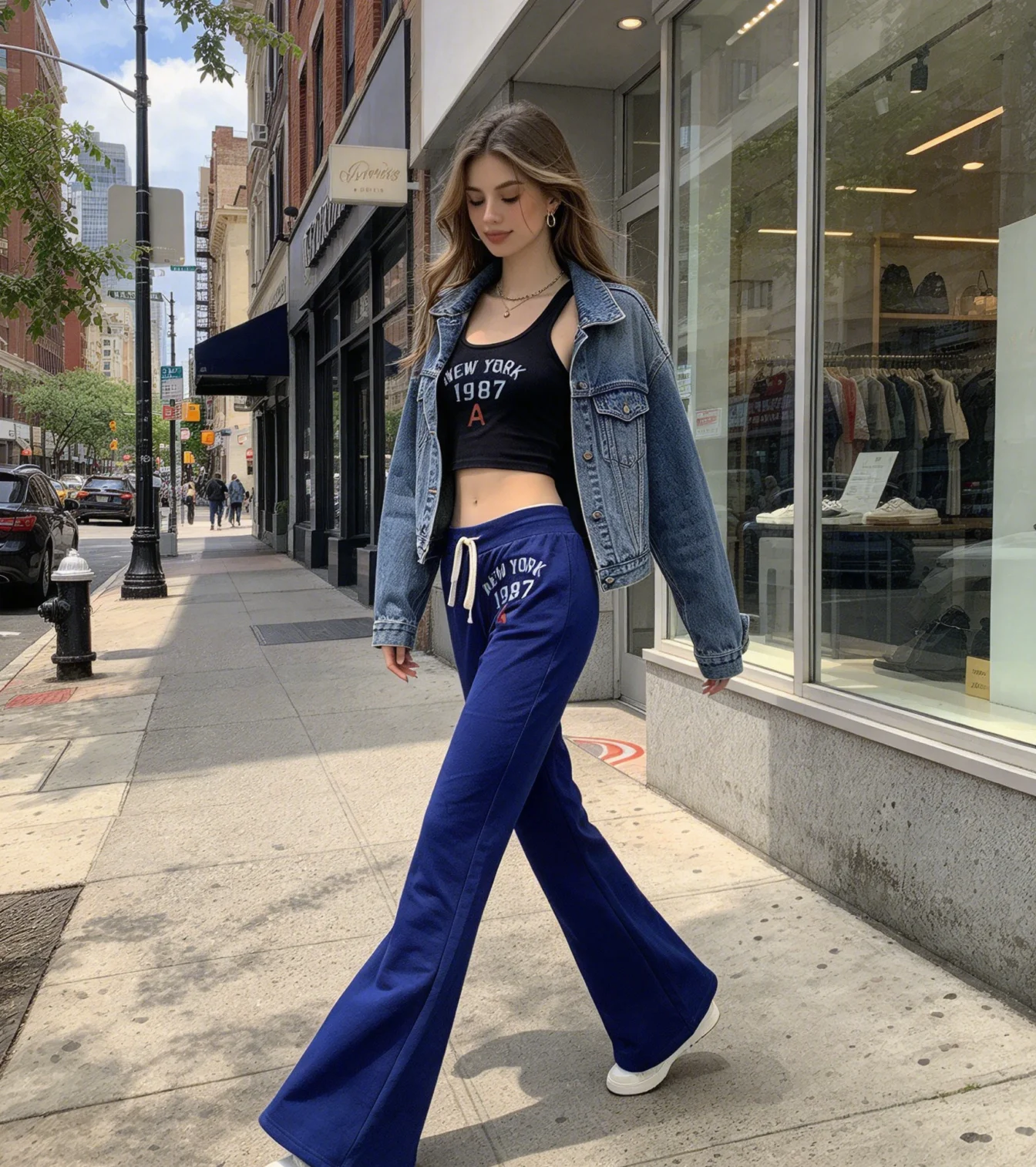 American Style Retro Stripe Printed Design Slight-looking Skinny Sapphire Blue Trousers