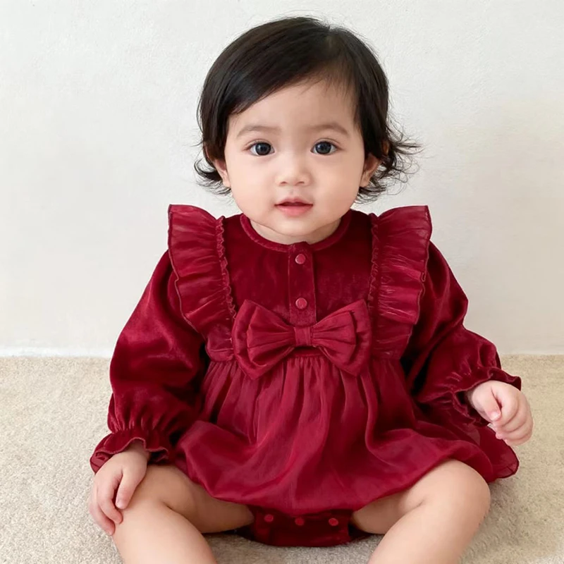 

Christmas Newborn Baby Autumn Clothing Bodysuit 0-3 years Girls Infant Romper Solid Bow Jumpsuits Onepiece Sweet Baby Clothing