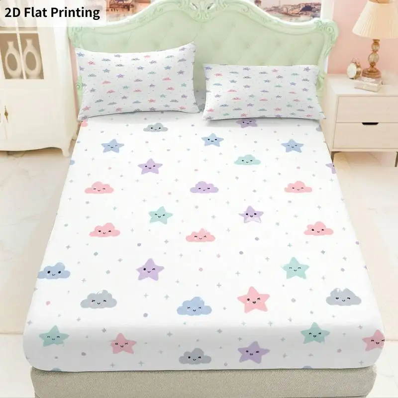 3Pcs Pastelstarsclouds Fitted Sheet Three Piece Set (1*Fitted Sheet + 2*Pillowcases, Coreless), Bedding Set.