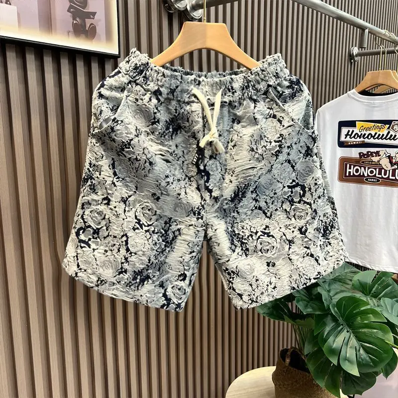 Summer Loose Shorts Couple Popular Versatile Casual Straight Men\'s Flower Oil Painting Beach Shorts Hawaiian Casual Silk Shorts