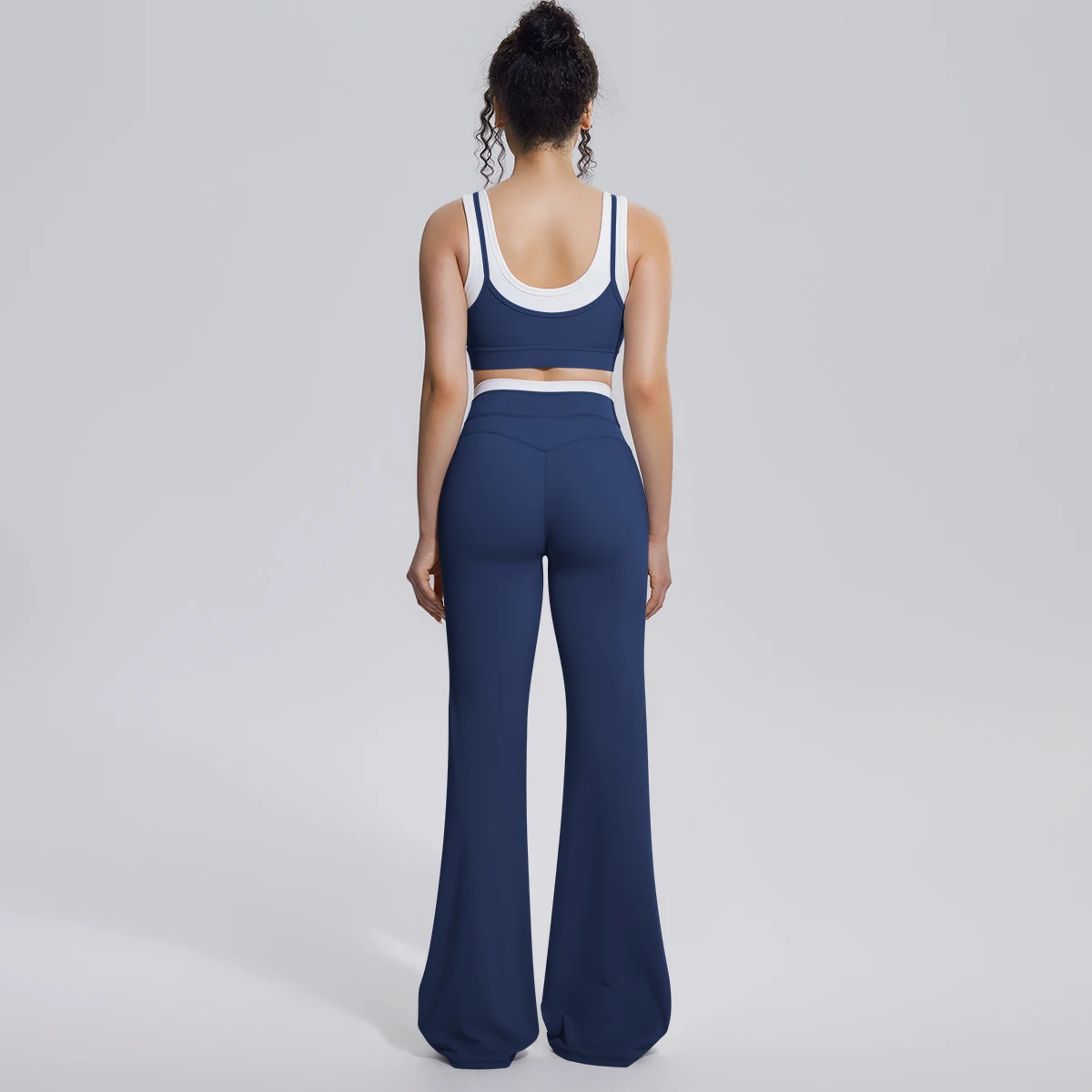 New Color Blocking Beautiful Back Yoga Bra and Wide Leg Pants Set Summer Gym Running Workout Top High Stretch Loose Bell-bottoms