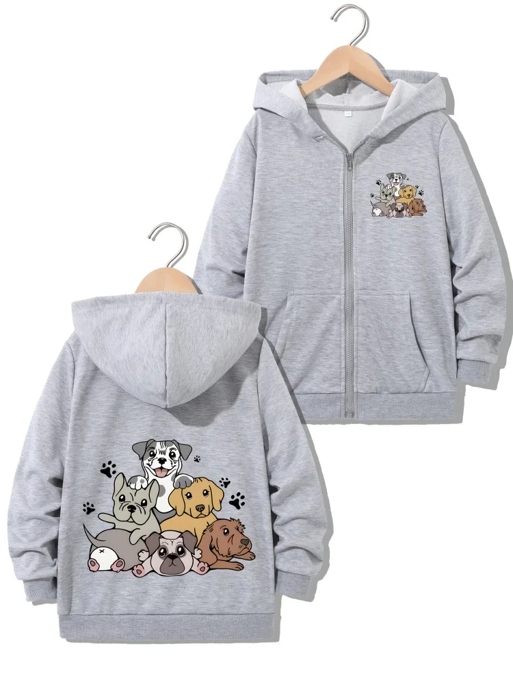 Children Full Zip Hooded Sweatshirt Multiple Dog Breeds Graphic Loose Daily Outerwear With Front Pocket