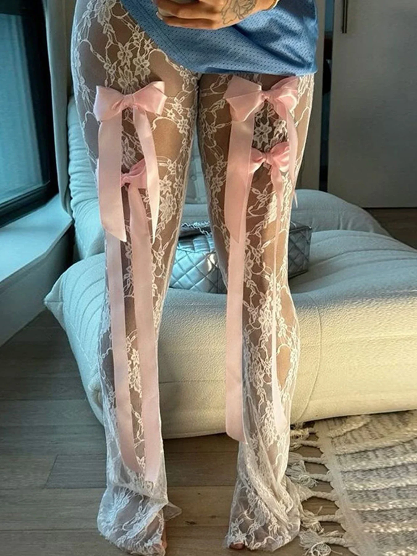 Fashion High-waisted lace see-through bow trousers European and American cross-border new hot girl versatile straight pants