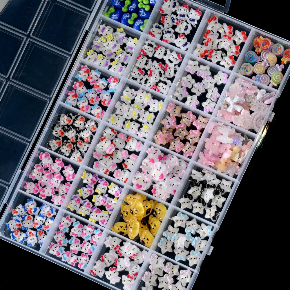 1 Box Mixed Hello Kitty Star Nail Charms Cartoon Resin Bowknot Kitty Cat Head Rhinestones DIY Kawaii Manicure Decoration