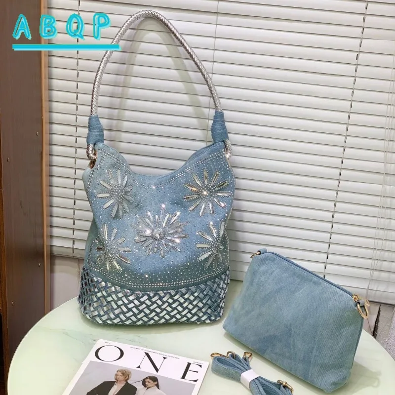 

Сумка на плечо, женская модная сумка-тоут, инкрустированная бриллиантами, новая модная джинсовая сумка через плечо большой вместимости