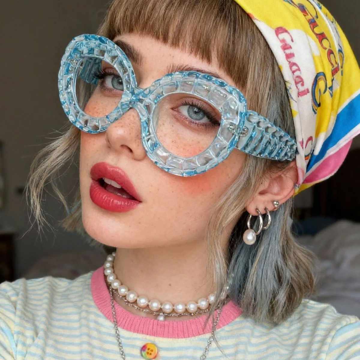 Trendy Oversized Cat Eye Clear Lens Glasses Women Color Textured Frame Fashion Decorative Eyewear Party Shooting Prop Spectacles