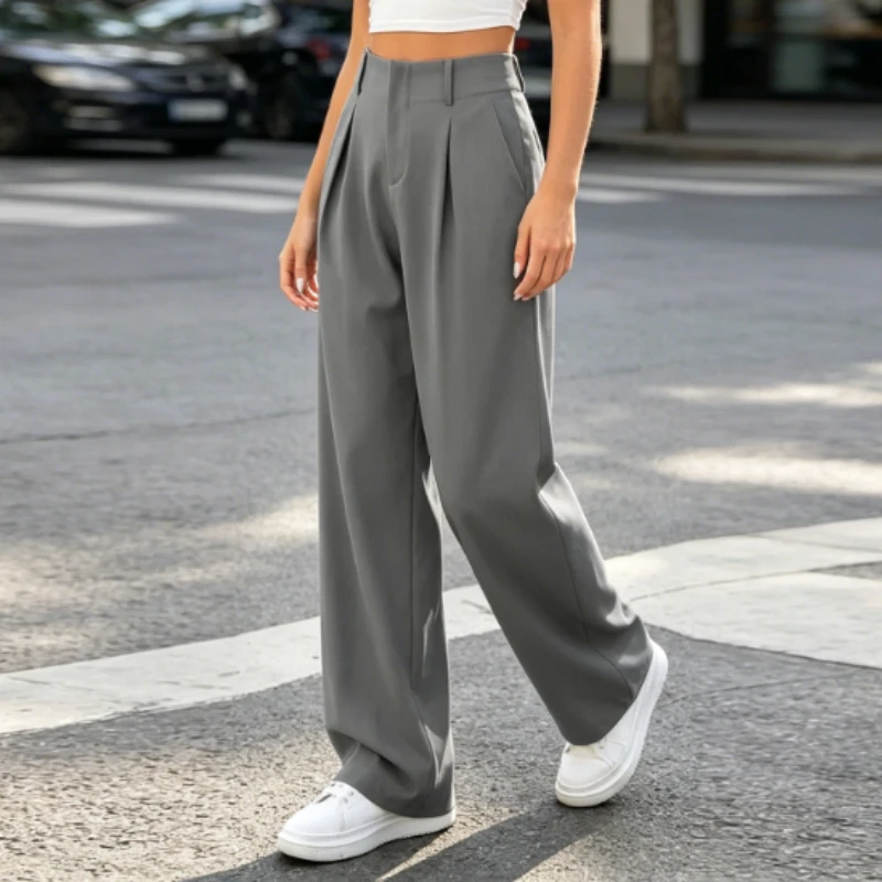 

New Elegant Women's High-waisted Suit Wide-leg Pants Zipper Loose Women's Straight-leg Pants Fashion Casual Commuter Solid Pants