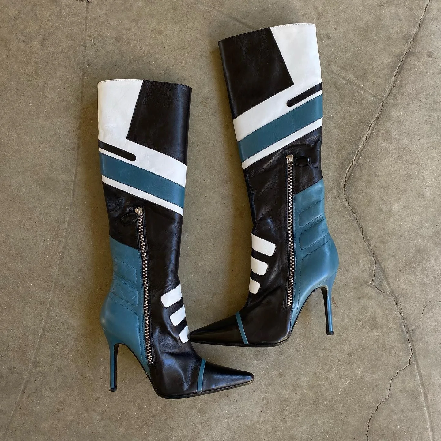 2025 Colorblock Stiletto Mid Calf Boots Women Novelty Pointed Toe Side Zipper Shoes Female Streetwear High Heels Biker Boots 44