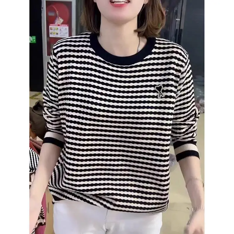

Женская одежда, полосатый свитер с длинными рукавами и круглым вырезом для женщин, осенне-зимний повседневный свободный вязаный топ-рубашка