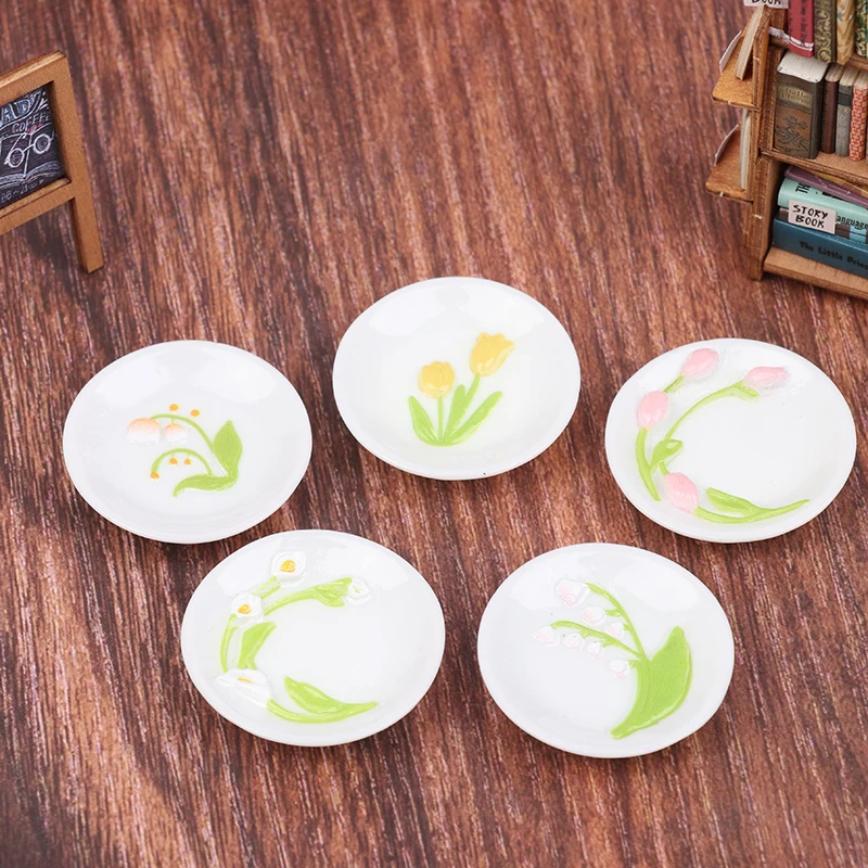 5 pçs 1:12 casa de bonecas simulação mini em relevo tulipa pratos jantar modelo casa boneca cozinha prato decoração casa bonecas acessórios