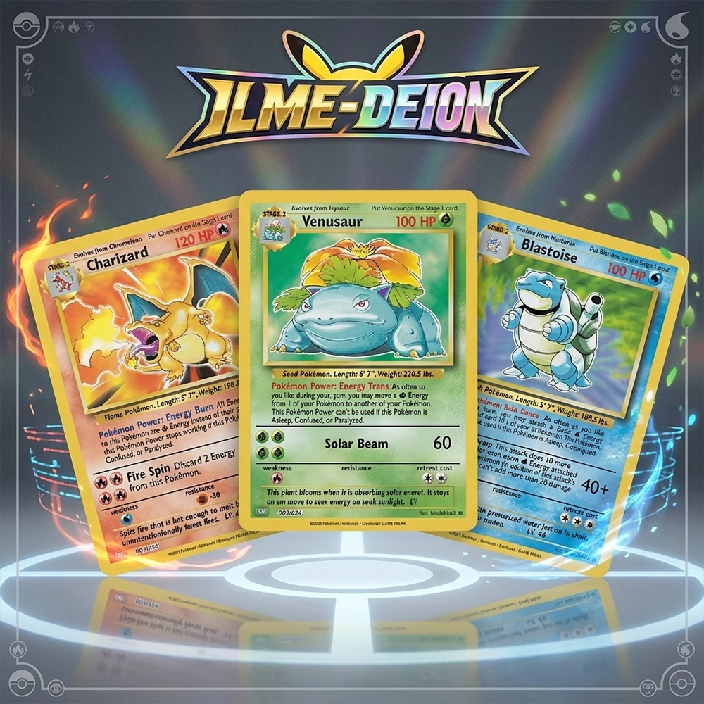 3-teiliges Set DIY Anime Proxy PTCG Sammelkarten Charizard Venusaur Blastoise Englische Holo-Flash-Karten für Sammler