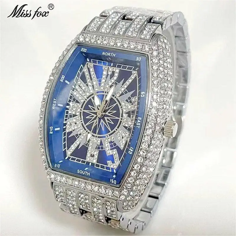 2024 Hot Sell Luxury Quartz Watch For Men Fashion Sun Pattern Tonneau Wristwatch Mans Hip Hop Iced Diamond Jewelry Watches Reloj