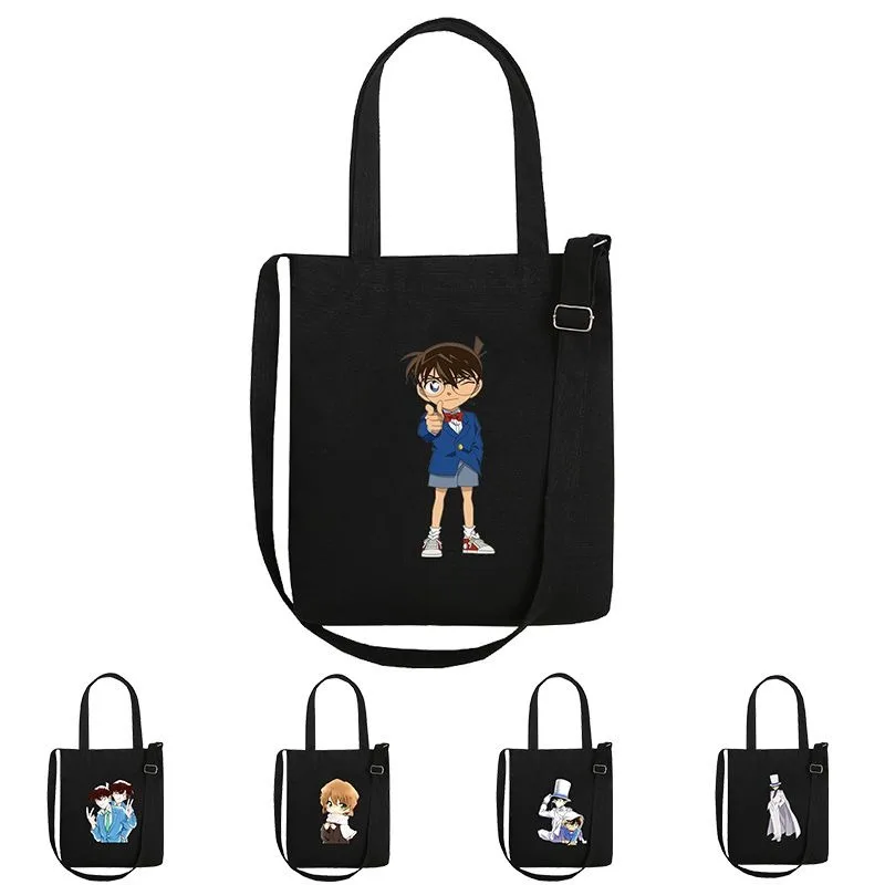 كونان إيدوغاوا أنيتا هايلي مظهر عالٍ إبداعي جديد حقيبة كتف ذات سعة كبيرة أنيمي طالب حقيبة قماش قنب سوداء حقيبة كروسبودي