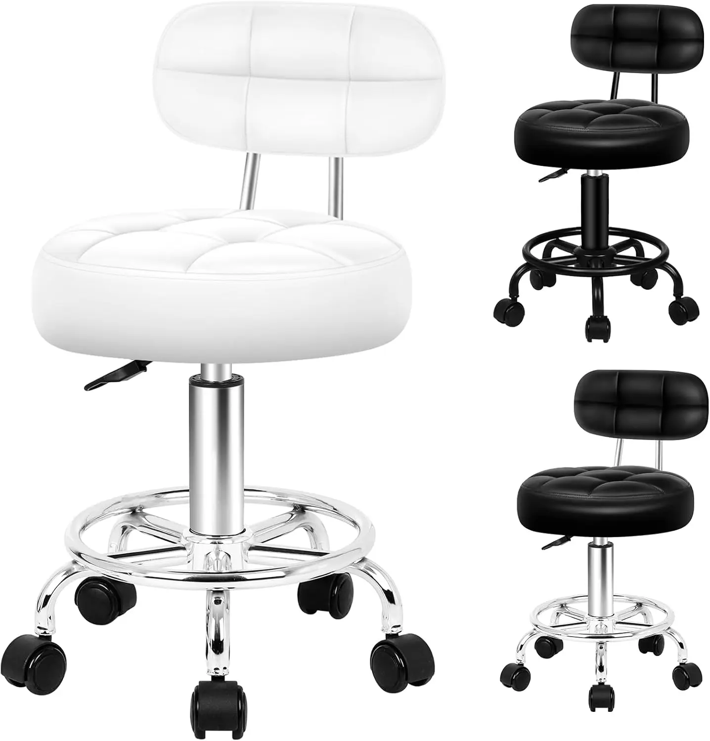 **/Round Salon Stool PU Leather Upholstery With Backrest, Adjustable Drafting Rolling Stools In 52-67cm Height, Swivel Sp