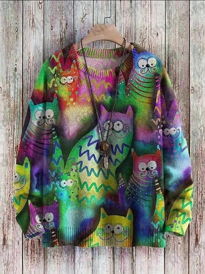 Halloween Cat Multicolor Print Casual Knit Pullover Sweater Men's For Women's Pullover Turtleneck sweater