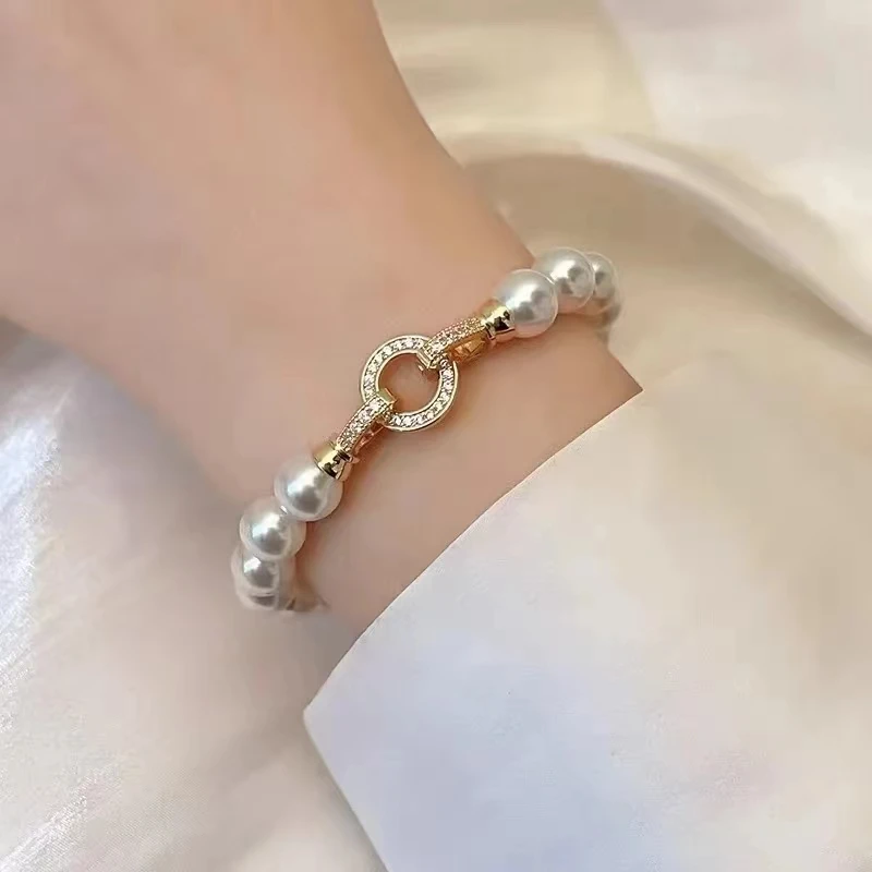 

French Elegant Micro Set Zircon Round Buckle Imitation Pearl Charm Bracelets For Women's Temperament Jewelry Set New Accessories