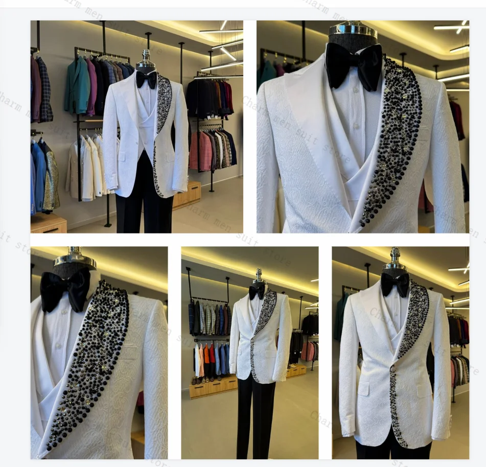 

White Jacquard Men Suits Set 2 Pieces Crystals Blazer+Black Pants Trousers Wedding Tuxedos Formal Office Groom Prom Jacket Coat