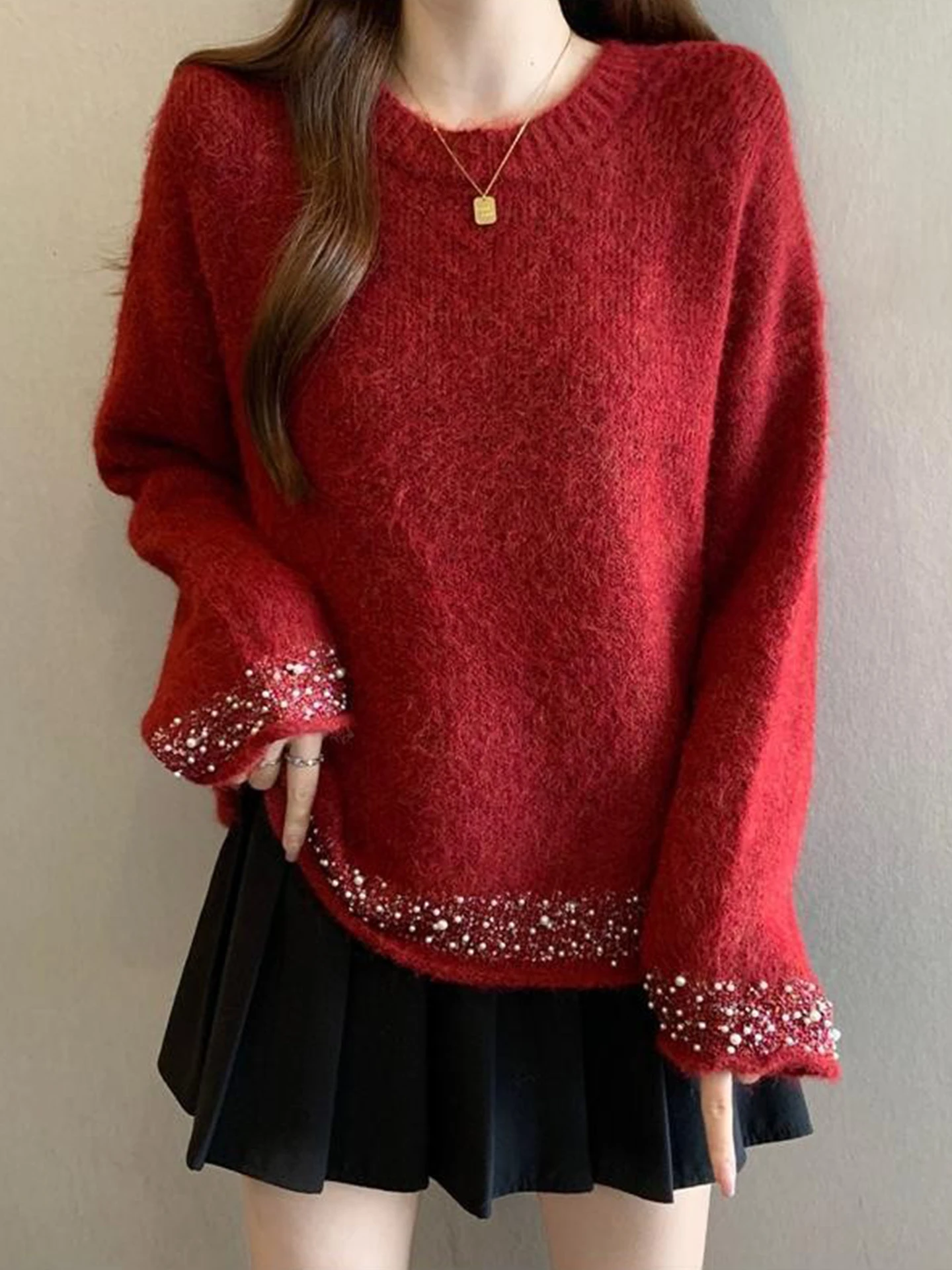 

Red Knitted Sweater Women's Heavy Embroidery Luy Year Unique Beautiful Large Size Autumn Winter Warm round Ne Sweater