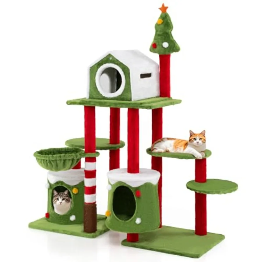 

58 Inch Cat Christmas Tree Multi-Level Cat Tower with 3 Cat Condos Cat Self Groomer Side Basket Faux Christmas Tree and Anti-Ti