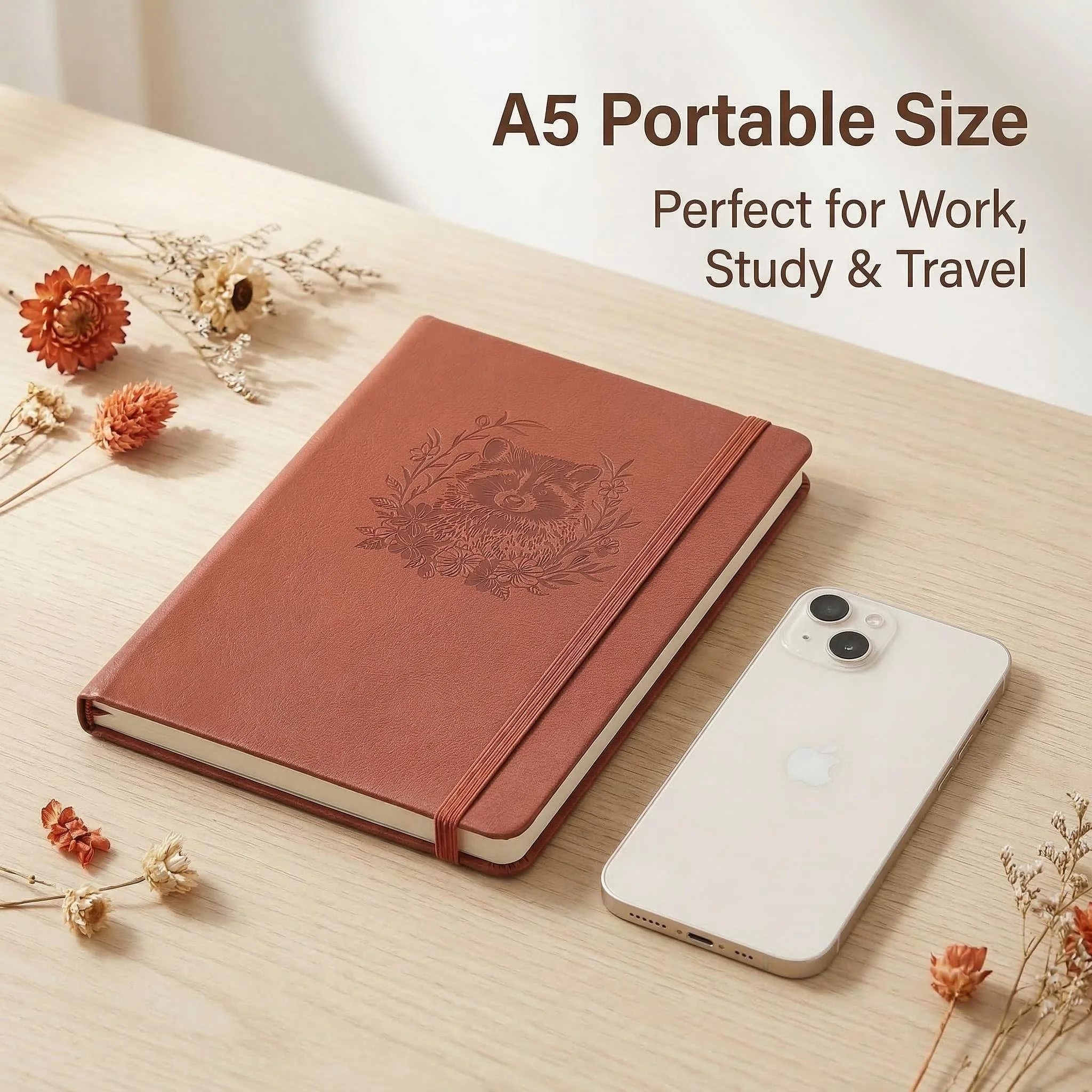 A5 Embossed Raccoon Dot Grid Journal Faux Leather Notebook 160gsm Ivory Paper 160 Pages with Elastic Band Bookmark