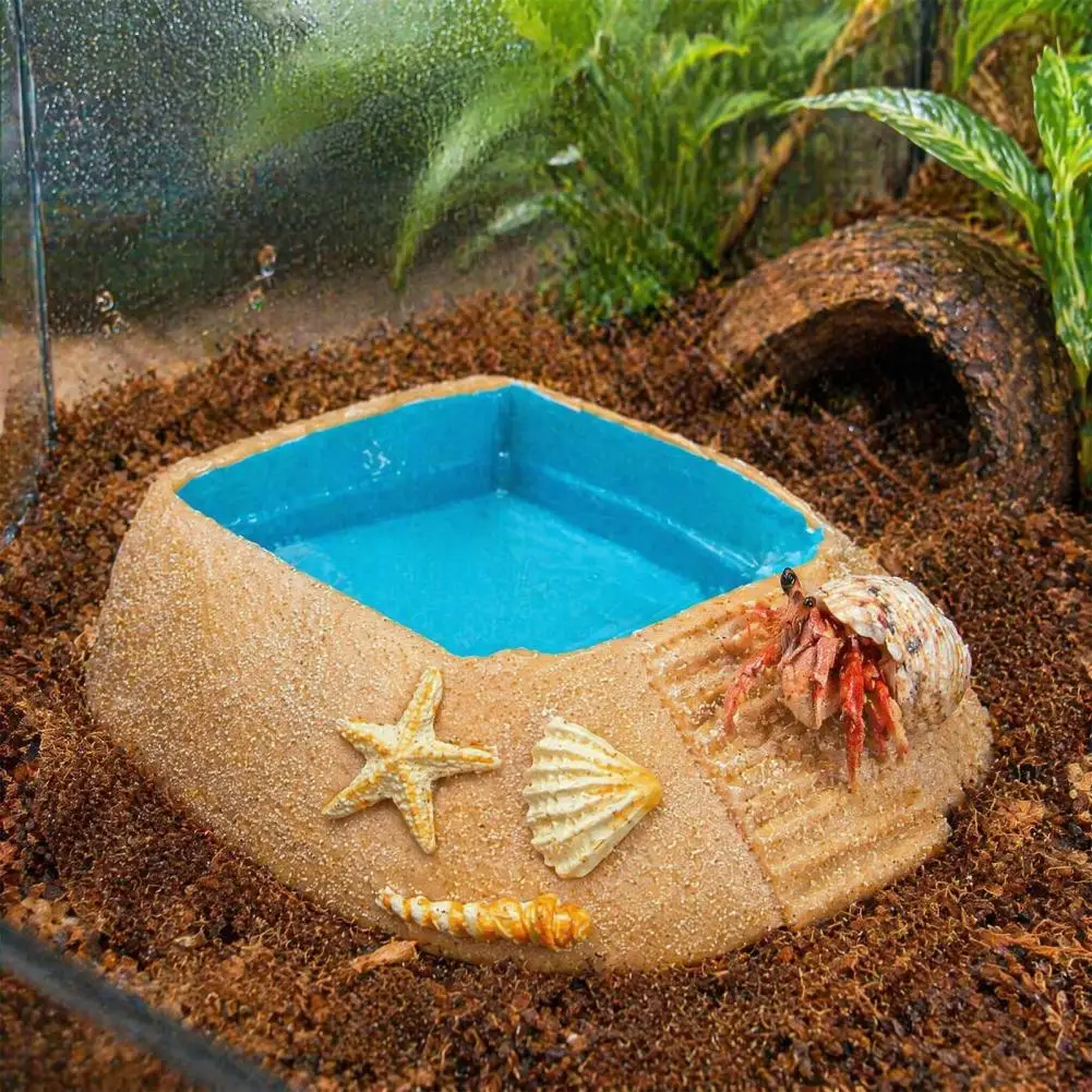 Water Basin Beach Pool Hermit Crab Habitat Ornament with Climbing Ramp Starfish Conch Decor Turtle Terrarium Accessory Fish Tank