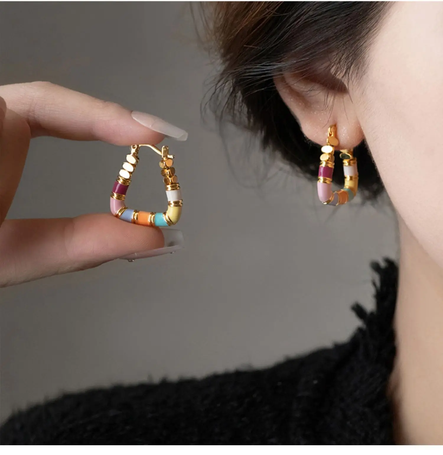 Lingzhi Wu Enamel Earrings, Colorful Drip Glaze, Geometry Design