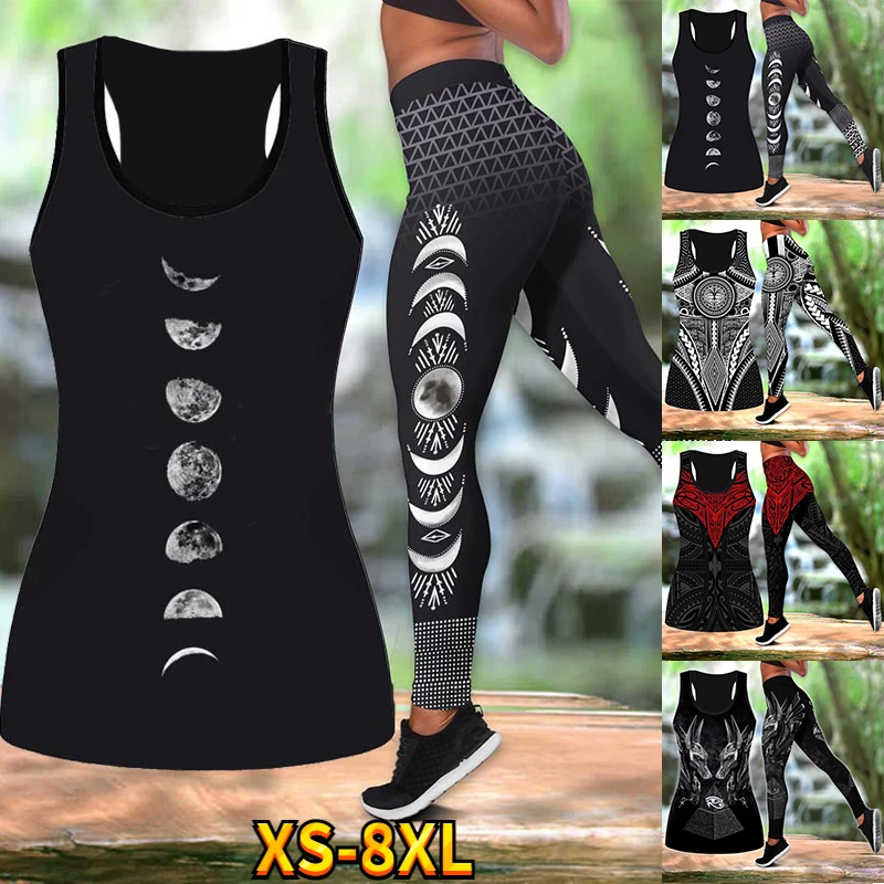 

Women's Fashion Polynesian Tattoo Style Printed Hole Shirt Sleeveless Hollow Out Tank Top and High Waist Legging PantSuit XS-8XL