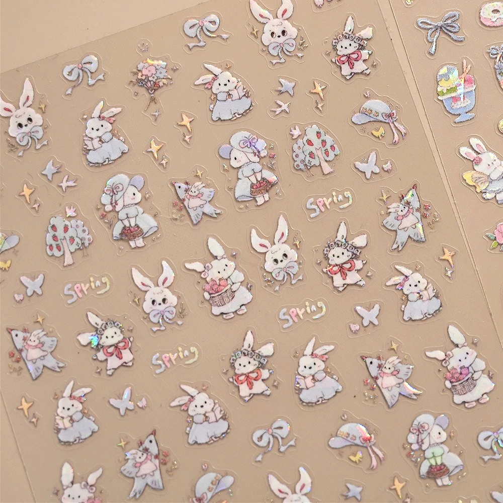 

Shiny Lovely Flower Wreath Bunny Bird Butterfly Bouquet Bowknot Hat 3D Self Adhesive Nail Art Stickers Rabbit Manicure Decals