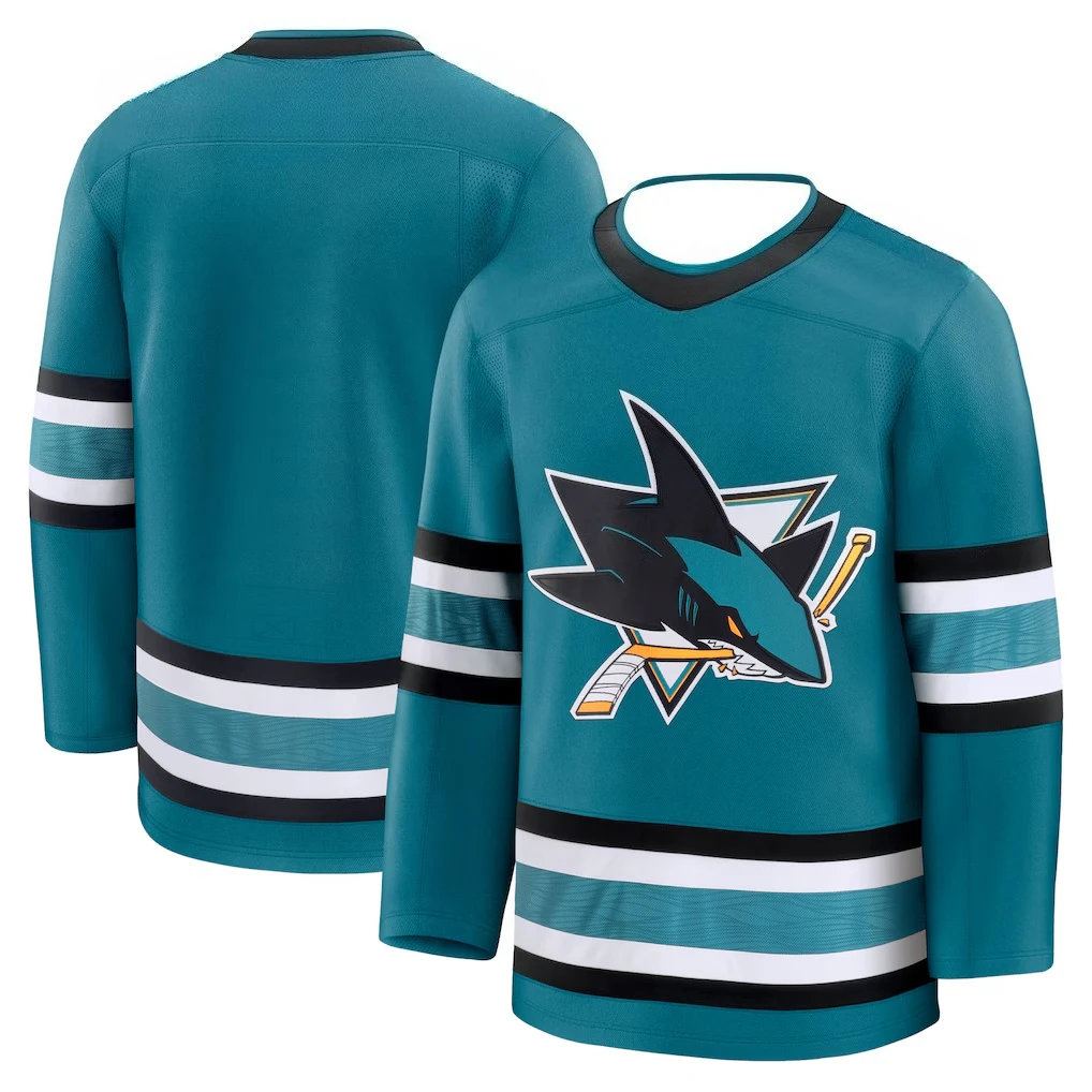 

Hockey Jersey - Teal with Black/White Accents Shark Logo with Crossed Sticks Classic Striped Design Athletic Jersey 3d HD Prints