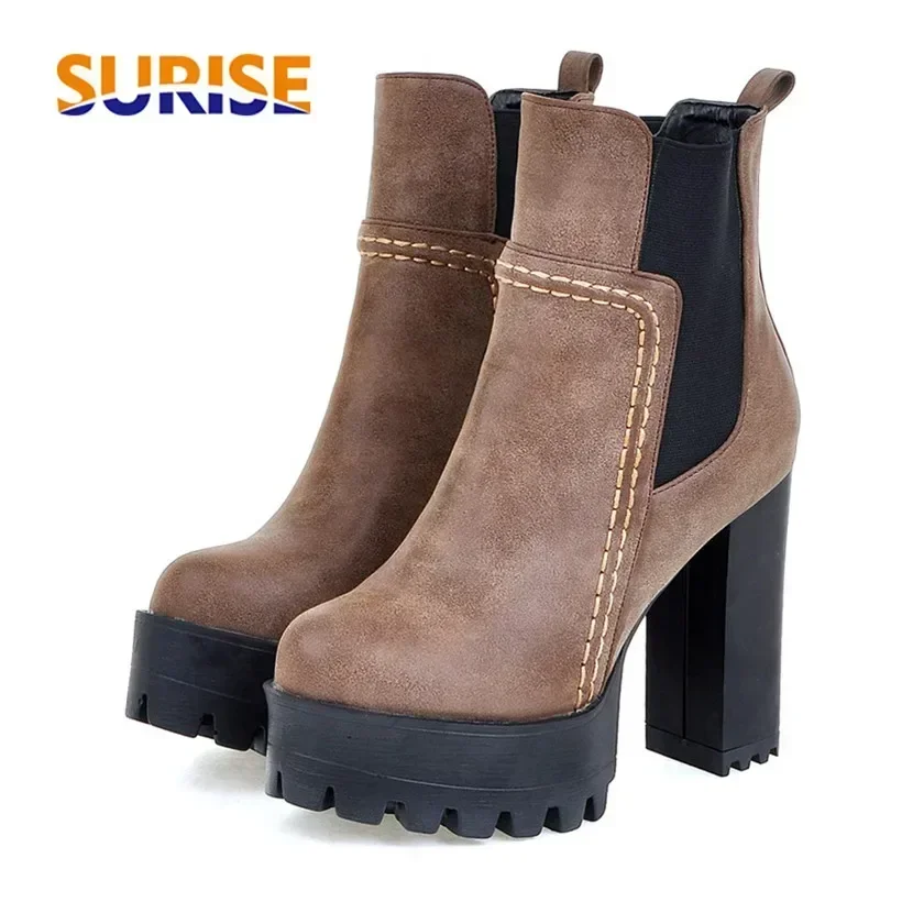 Big Size Winter Women Chelsea Platform Boots Round Toe 12cm High Block Heels Black PU Plush Casual Party Office Lady Ankle Boots