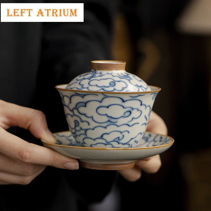 

120ml Ru Kiln Rice Yellow Cloud Gaiwan Antique Tea Tureen Tea Bowl With Lid Kit Tea Making Cover Bowl Cha Ornaments